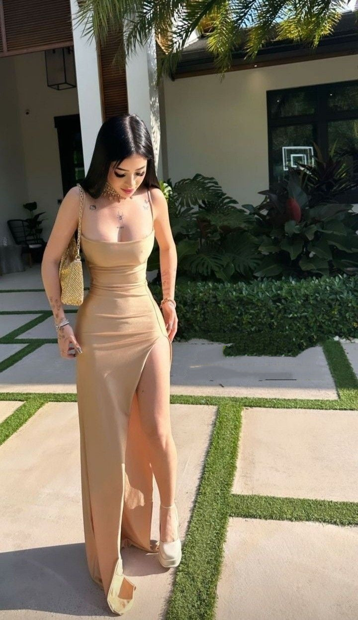 Robe de bal longue et sexy à bretelles spaghetti et fente dorée, style sirène, robe de soirée RB2001