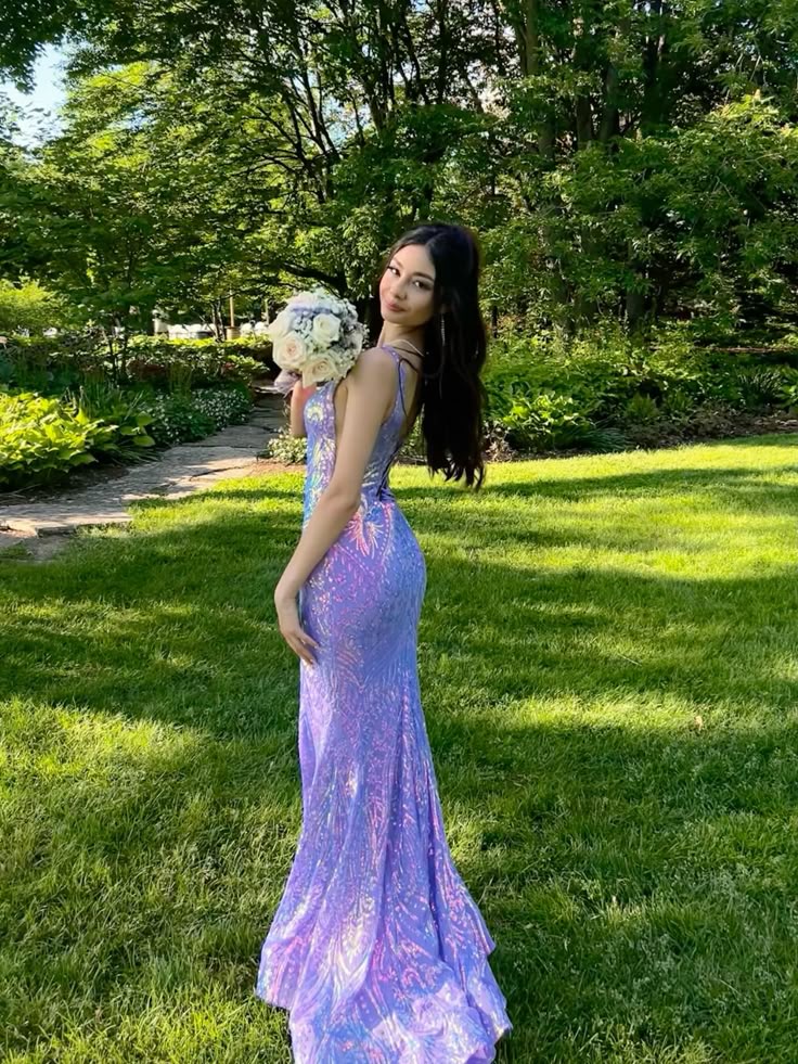 Robe de bal longue à paillettes et col en V, style sirène, lilas, pour adolescentes, tenue de soirée, RB2003
