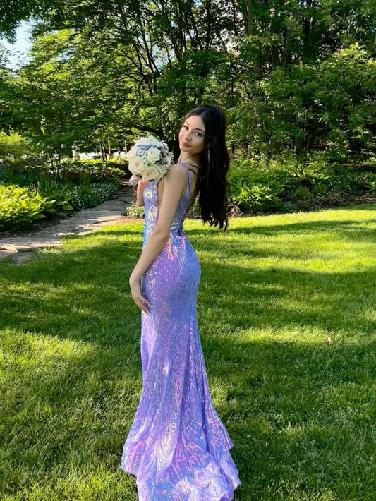 Fancy Mermaid V Neck Lilac Sequin Long Prom Dresses For Teens Formal Dress Party Outfits Prom Gown RB2003