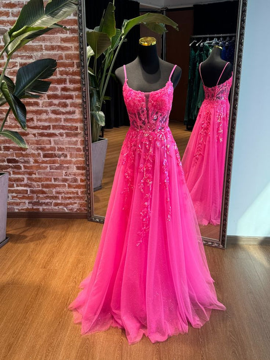 Modest A Line Spaghetti Straps Hot Pink Lace Tulle Long Prom Dresses Inspiration Formal Gown RB2012