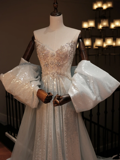 Robe de bal trapèze unique à paillettes argentées et décolleté en cœur pour adolescentes, tenue de soirée formelle, robe de bal RB2017