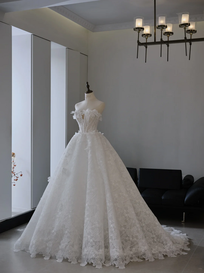Robe de mariée princesse sans bretelles, sans manches, en dentelle, avec corset ajusté, longue, blanche, RB2018