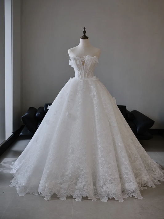 Princess Ball Gown Strapless Sleeveless Lace Fitted Corset Long Wedding Dress Bride Gowns White Wedding Dresses RB2018