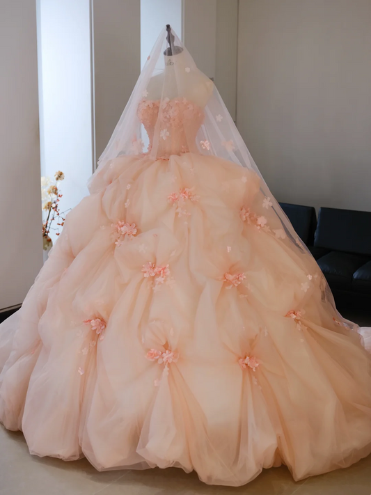 Cute Ball Gown Strapless Blush Pink Tulle Flowers Long Quinceanera Dress Sweet 15 16 Dresses RB2019