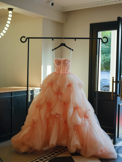 Niedliches, trägerloses Ballkleid aus rosa Tüll mit Blumenmuster, langes Abendkleid für Sweet 15 und 16, AB595