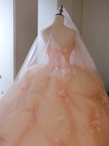 Niedliches, trägerloses Ballkleid aus rosa Tüll mit Blumenmuster, langes Abendkleid für Sweet 15 und 16, AB595