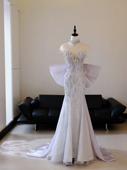 Unique Mermaid Sweetheart Lilac Sequin With Bow Long Prom Dresses For Teens Formal Dress Party Outfits Prom Gown RB2020