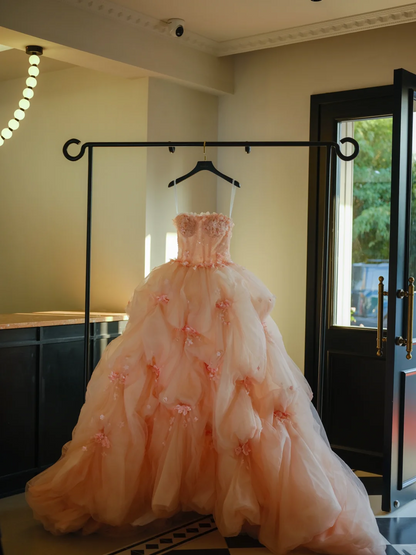 Robe de bal mignonne sans bretelles en tulle rose blush à fleurs, longue robe de Quinceanera, Sweet 15 16, RB2019