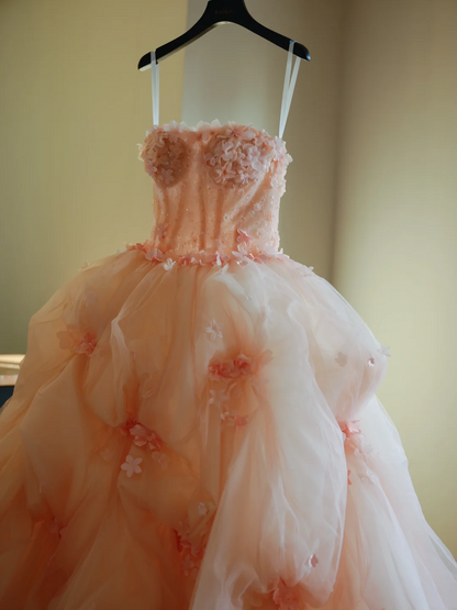 Niedliches, trägerloses Ballkleid aus rosa Tüll mit Blumenmuster, langes Abendkleid für Sweet 15 und 16, AB595