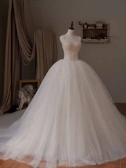Robe de mariée princesse à bretelles spaghetti, sans manches, en tulle, corset ajusté, longue, blanche, RB2022