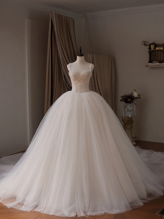 Princess Ball Gown Spaghetti Straps Sleeveless Tulle Fitted Corset Long Wedding Dress Bride Gowns White Wedding Dresses RB2022