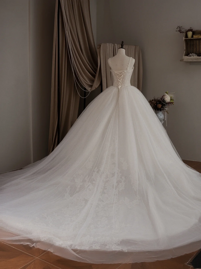 Robe de mariée princesse à bretelles spaghetti, sans manches, en tulle, corset ajusté, longue, blanche, RB2022