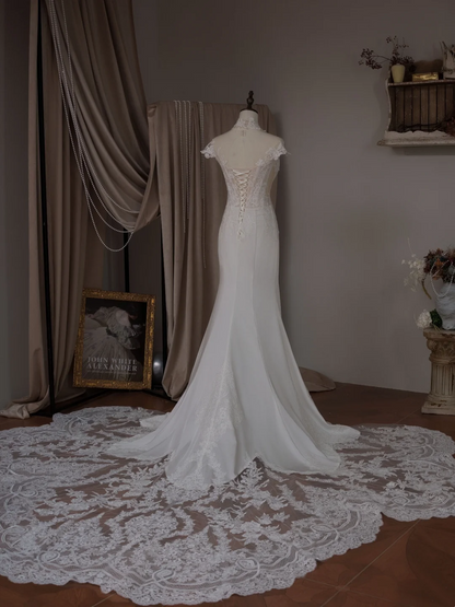 Princess Mermaid High Neck Long Sleeve Lace Fitted Corset Long Wedding Dress Bride Gowns White Wedding Dresses RB2023