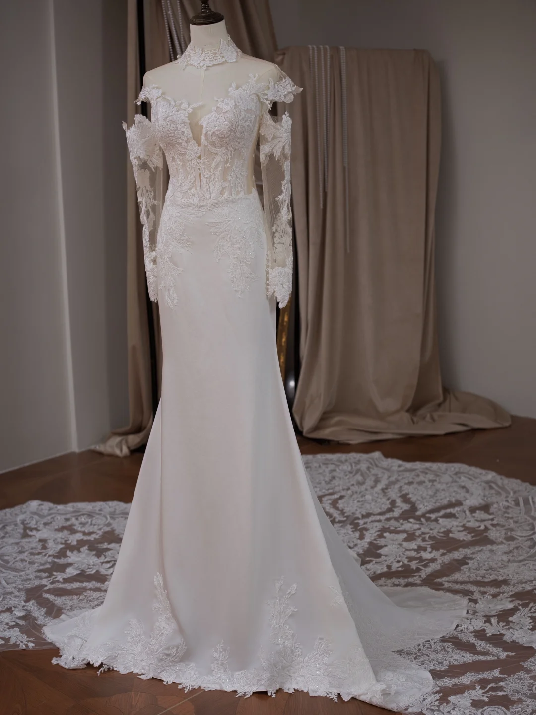 Princess Mermaid High Neck Long Sleeve Lace Fitted Corset Long Wedding Dress Bride Gowns White Wedding Dresses RB2023