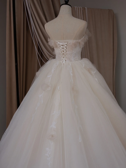 Robe de mariée princesse sans bretelles, sans manches, en dentelle, corset ajusté, en tulle, blanche, RB2024