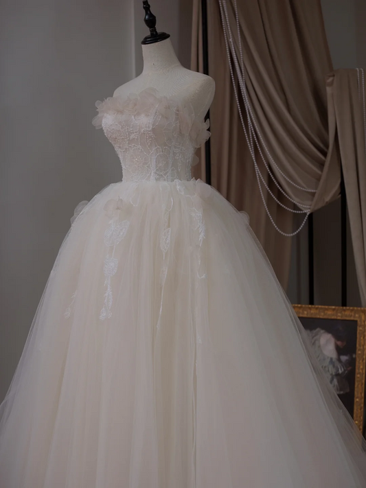 Princess Ball Gown Strapless Sleeveless Lace Fitted Corset Tulle Wedding Dress Bride Gowns White Wedding Dresses RB2024