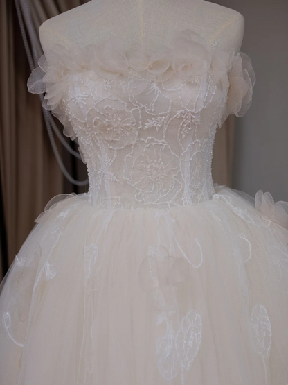 Robe de mariée princesse sans bretelles, sans manches, en dentelle, corset ajusté, en tulle, blanche, RB2024