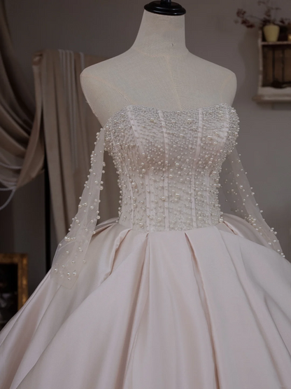 Robe de bal princesse épaules dénudées manches longues satin ajusté corset longue robe de mariée robes de mariée robes de mariée blanches RB2025
