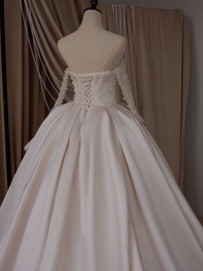 Robe de bal princesse épaules dénudées manches longues satin ajusté corset longue robe de mariée robes de mariée robes de mariée blanches RB2025