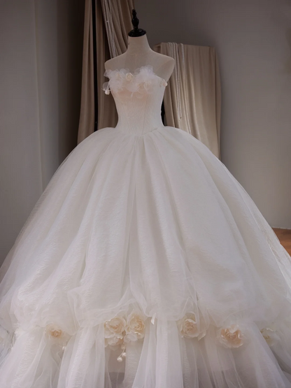 Robe de mariée princesse en tulle, sans bretelles, sans manches, avec corset ajusté, blanche, RB2026
