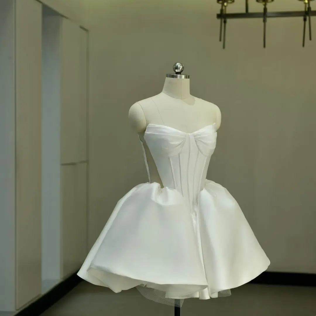 Simple Ball Gown Sweetheart Sleeveless Fitted Corset White Short Wedding Dress Bride Gowns Satin Summer Wedding Dresses RB2027
