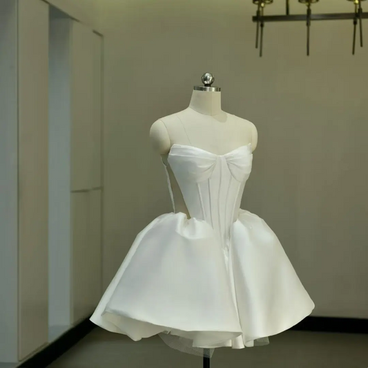 Simple Ball Gown Sweetheart Sleeveless Fitted Corset White Short Wedding Dress Bride Gowns Satin Summer Wedding Dresses RB2027