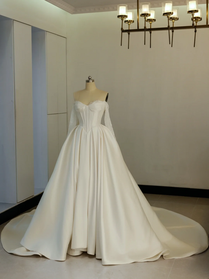 Robe de mariée princesse en satin, décolleté en cœur, sans manches, coupe ajustée, corset, longue, blanche, RB2030