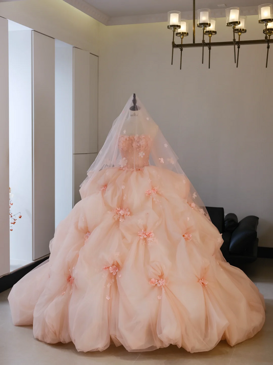Fairy-tale Ball Gown Strapless Blush Pink Tulle Flowers Long Quinceanera Dress Sweet 15 16 Dresses RB2032