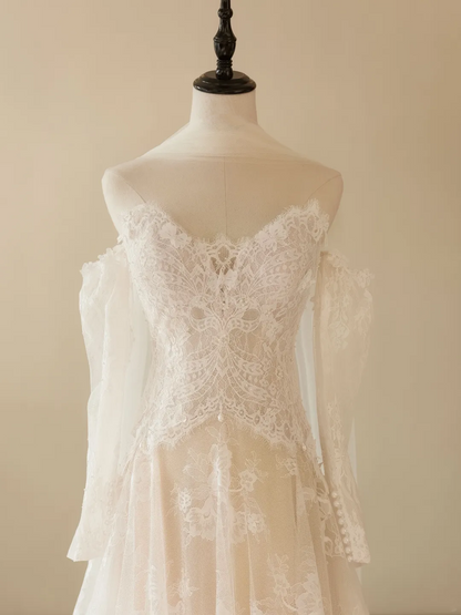 Robe de mariée sirène à épaules dénudées et manches longues en dentelle, corset ajusté, robe de mariée blanche RB2036