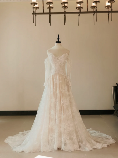 Robe de mariée sirène à épaules dénudées et manches longues en dentelle, corset ajusté, robe de mariée blanche RB2036