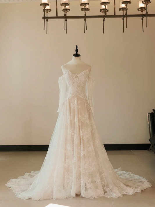 Princess Mermaid Off The Shoulder Long Sleeve Lace Fitted Corset Long Wedding Dress Bride Gowns White Wedding Dresses RB2036