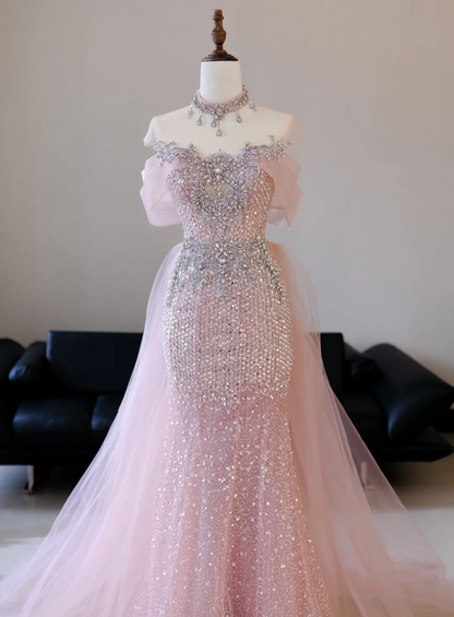 Robe de bal sirène rose à épaules dénudées et perles argentées, robe longue de soirée, tenue d'anniversaire, robe de remise de diplôme, RB2038