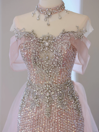 Robe de bal sirène rose à épaules dénudées et perles argentées, robe longue de soirée, tenue d'anniversaire, robe de remise de diplôme, RB2038