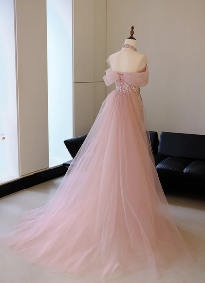 Robe de bal sirène rose à épaules dénudées et perles argentées, robe longue de soirée, tenue d'anniversaire, robe de remise de diplôme, RB2038