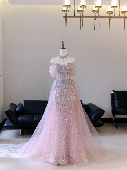 Robe de bal sirène rose à épaules dénudées et perles argentées, robe longue de soirée, tenue d'anniversaire, robe de remise de diplôme, RB2038