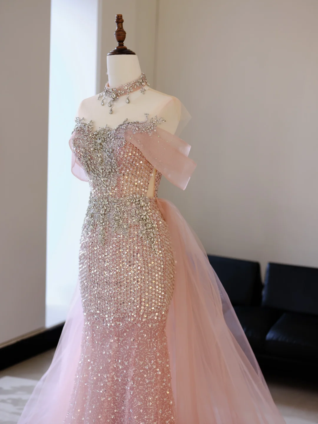 Robe de bal sirène rose à épaules dénudées et perles argentées, robe longue de soirée, tenue d'anniversaire, robe de remise de diplôme, RB2038