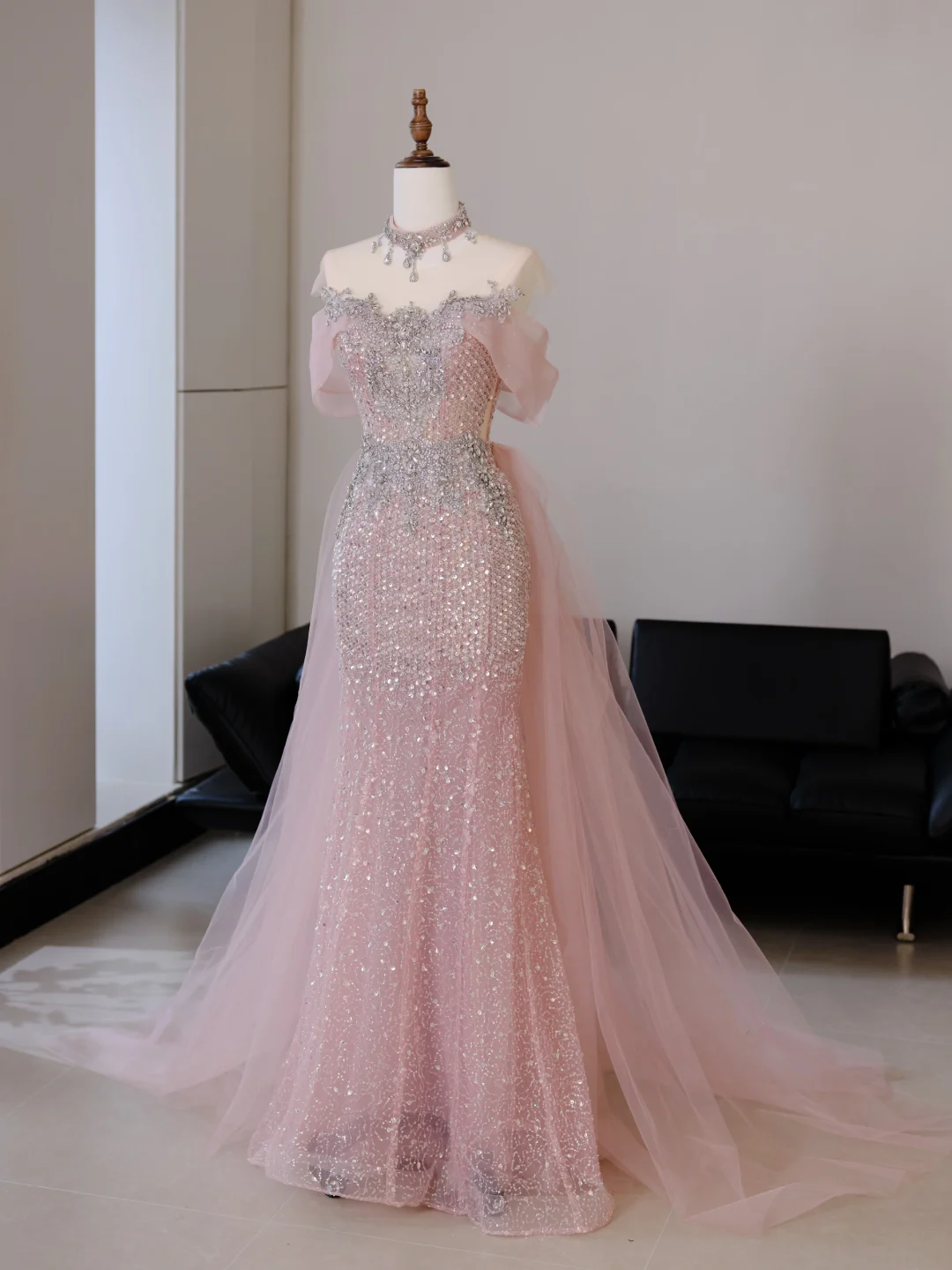Robe de bal sirène rose à épaules dénudées et perles argentées, robe longue de soirée, tenue d'anniversaire, robe de remise de diplôme, RB2038