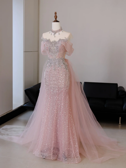 Robe de bal sirène rose à épaules dénudées et perles argentées, robe longue de soirée, tenue d'anniversaire, robe de remise de diplôme, RB2038