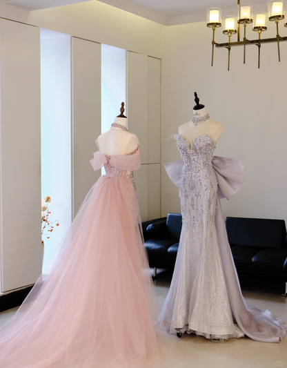 Robe de bal sirène rose à épaules dénudées et perles argentées, robe longue de soirée, tenue d'anniversaire, robe de remise de diplôme, RB2038