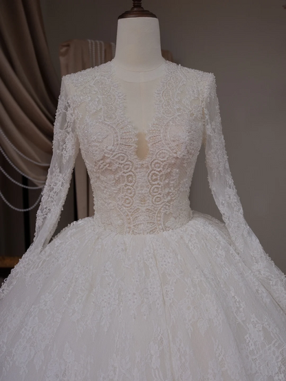 Robe de mariée blanche simple, col en V, manches longues, corset ajusté en dentelle, robe de bal, RB2039
