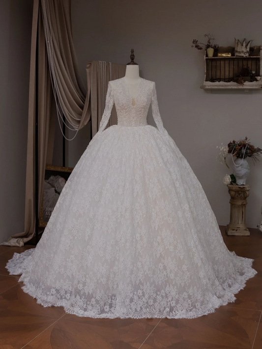 Simple Ball Gown V Neck Long Sleeve Lace Fitted Corset Long Wedding Dress Bride Gowns White Wedding Dresses RB2039