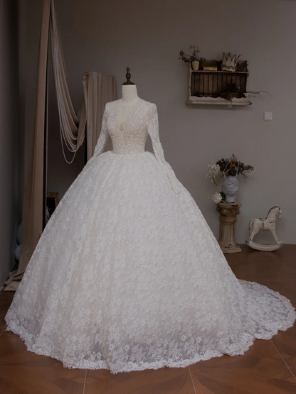Robe de mariée blanche simple, col en V, manches longues, corset ajusté en dentelle, robe de bal, RB2039