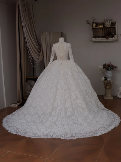 Robe de mariée blanche simple, col en V, manches longues, corset ajusté en dentelle, robe de bal, RB2039