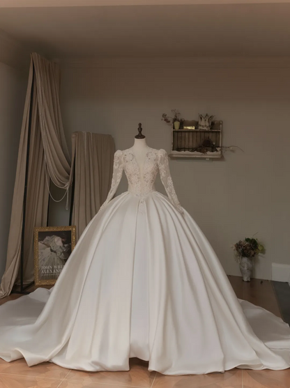 Robe de mariée blanche unique, col en V, manches longues, corset ajusté en dentelle, robe de bal, RB2040