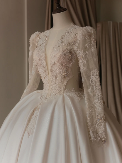 Robe de mariée blanche unique, col en V, manches longues, corset ajusté en dentelle, robe de bal, RB2040