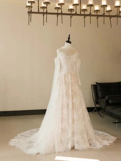 Robe de mariée sirène à épaules dénudées et manches longues en dentelle, corset ajusté, robe de mariée blanche RB2036