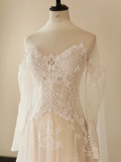 Robe de mariée sirène à épaules dénudées et manches longues en dentelle, corset ajusté, robe de mariée blanche RB2036