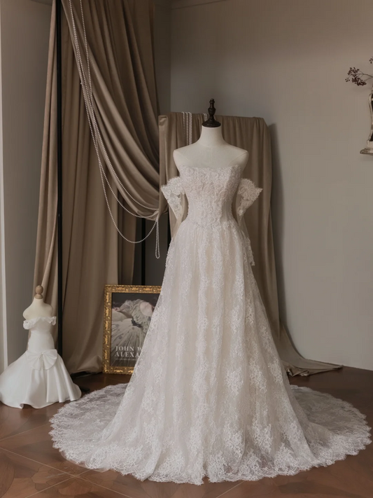 Vintage A Line Strapless With Removable Long Sleeve Lace Fitted Corset Long Wedding Dress Bride Gowns White Wedding Dresses RB2043