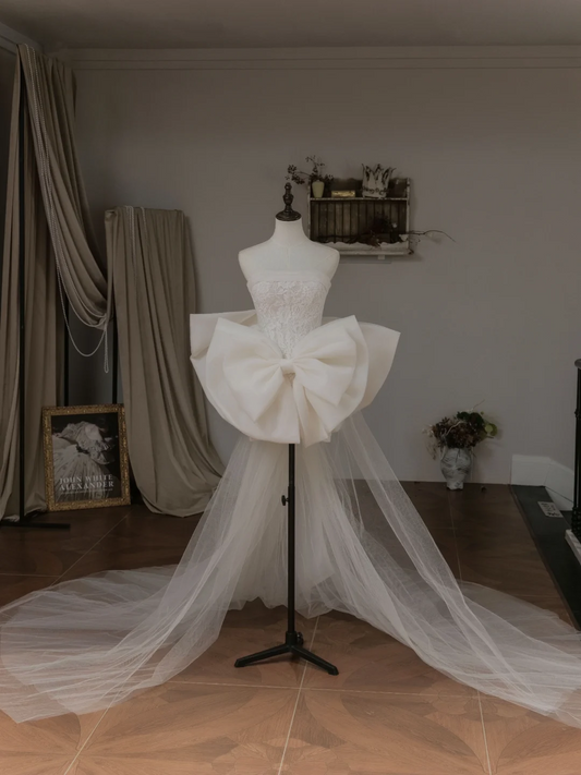 Simple Ball Gown Strapless Boho Fitted Corset White Short Lace Wedding Dress Bride Gowns Summer Wedding Dresses RB2045