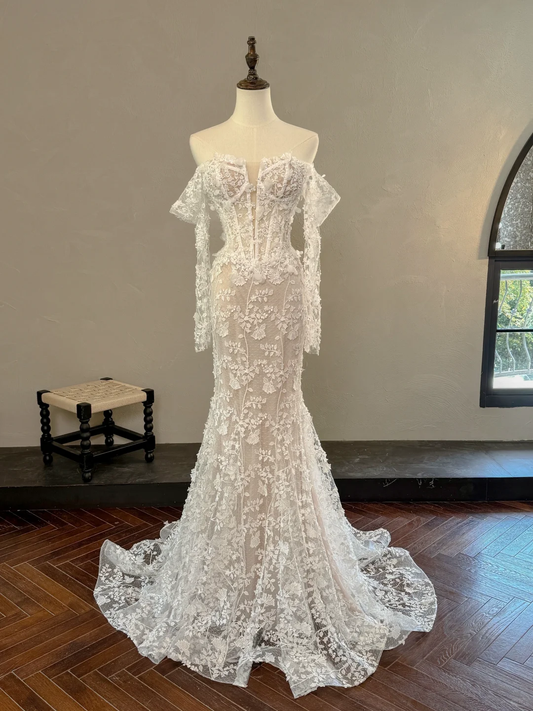 Vintage Mermaid Off The Shoulder Long Sleeve Lace Fitted Corset Long Wedding Dress Bride Gowns White Wedding Dresses RB2049